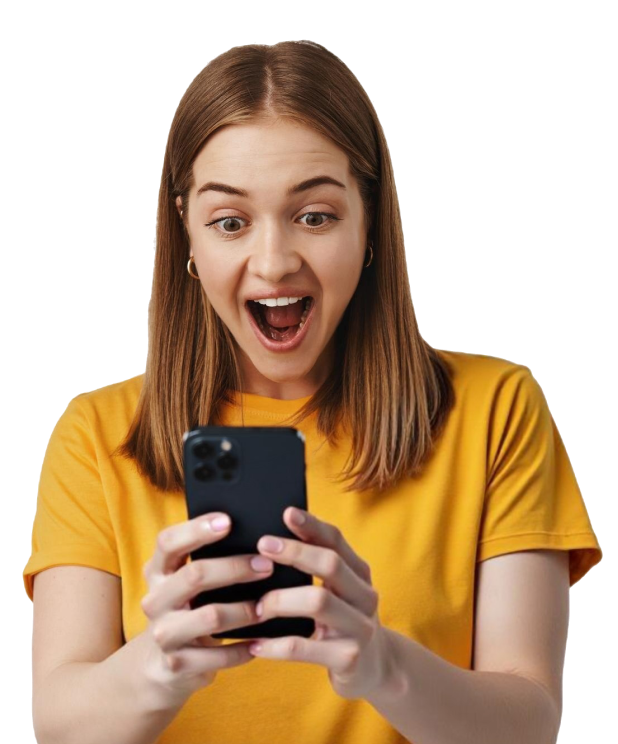 Excited woman looking at phone